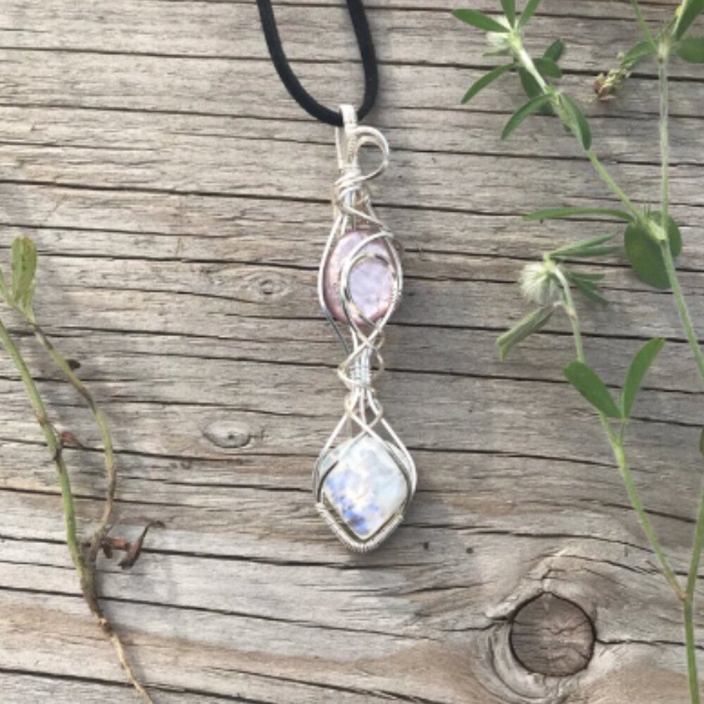 Silver wrapped elven moonstone pendant, gift for her, witch gift, enchanted
